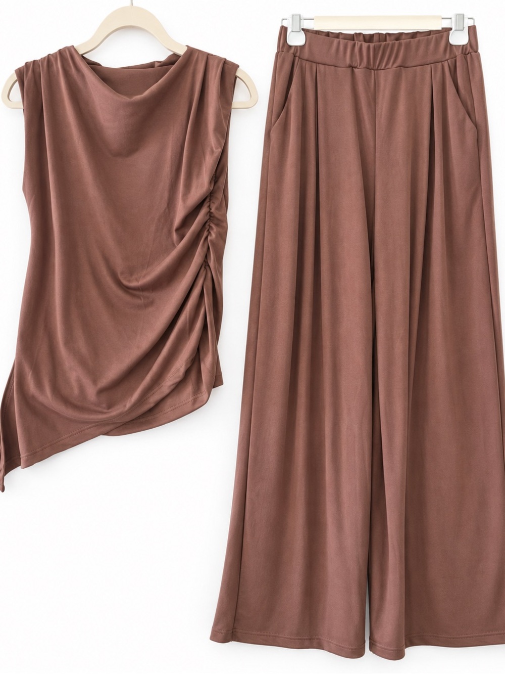 NEW Women’s 2-Piece Mocha Draped Top & Wide-Leg Pants Set – Small